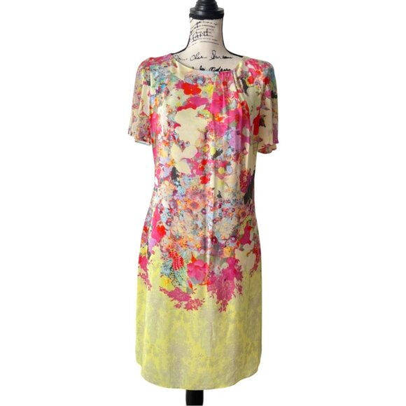 Erdem Silk Dress Floral Botanical Short Sleeve Yellow Pink Womens Size 8 - Picture 1 of 9